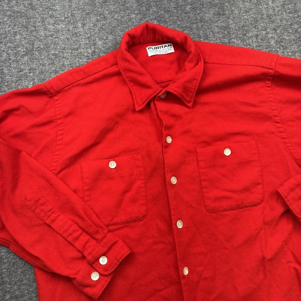Puritan Button Up Aqua Wool Shirt Red Mens Sz L Large Vintage Long Sleeve